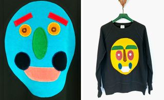 Two images, Left- Close up of hand sewn abstract face, Right- Sweatshirt with hand sewn abstract face