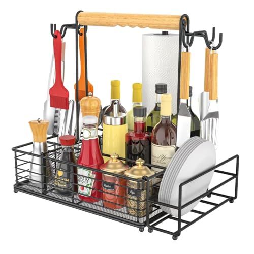 Large Grill Caddy With Paper Towel Holder & Side Hooks
