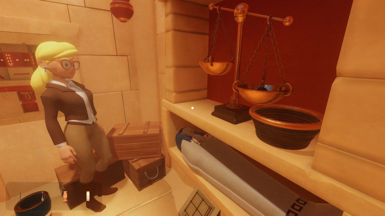 A player character stands in front of a puzzle in an Ancient Egypt themed escape room.
