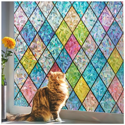 Beautysaid Rainbow Window Film Privacy: Stained Glass Self Adhesive, No-Glue Frosted Window Tint, Static Cling，uv Window Film Home (multicolor, 44.5x200cm）