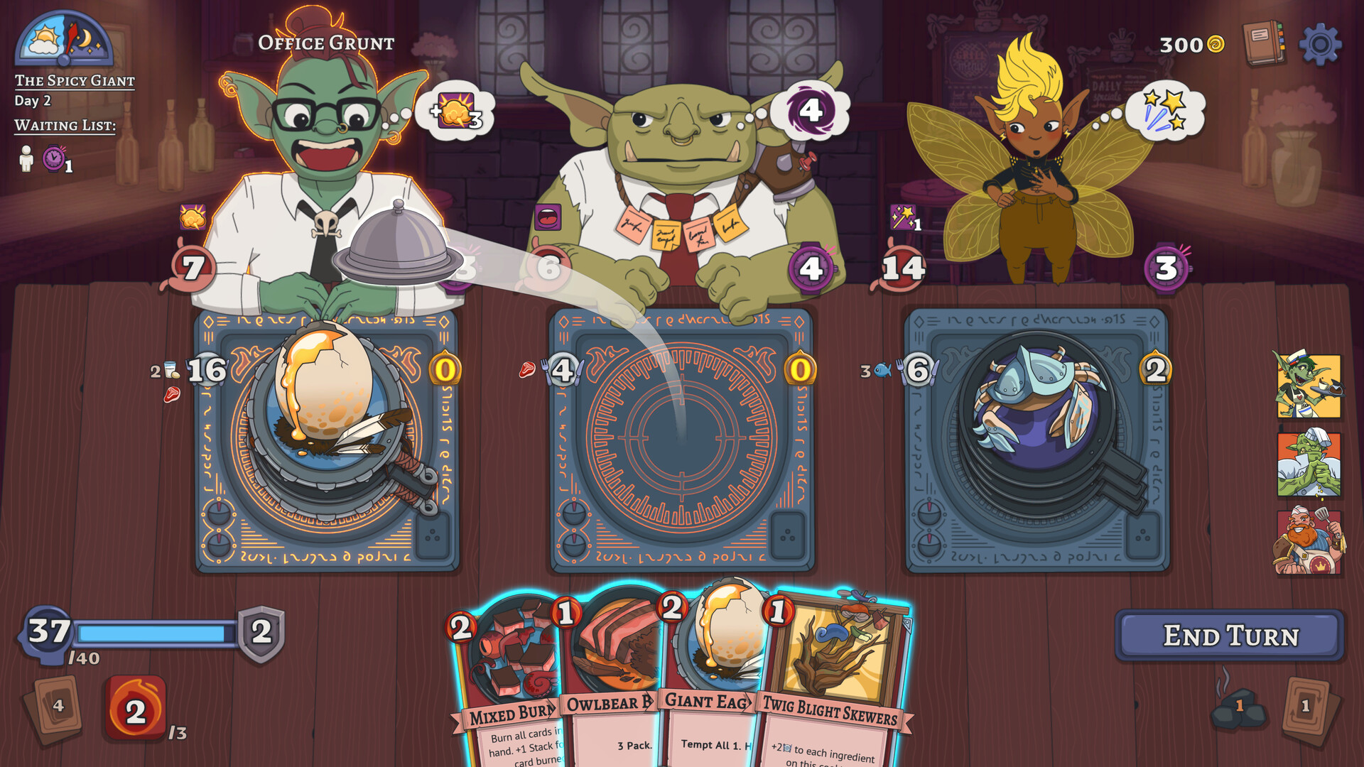 Arcane Eats screenshot showing an orc office grunt, an ogre, and a fairy at a dining table and the player chooses cards from a deck to select meals for them
