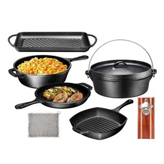 cast iron cookware set with pan, pot and tray