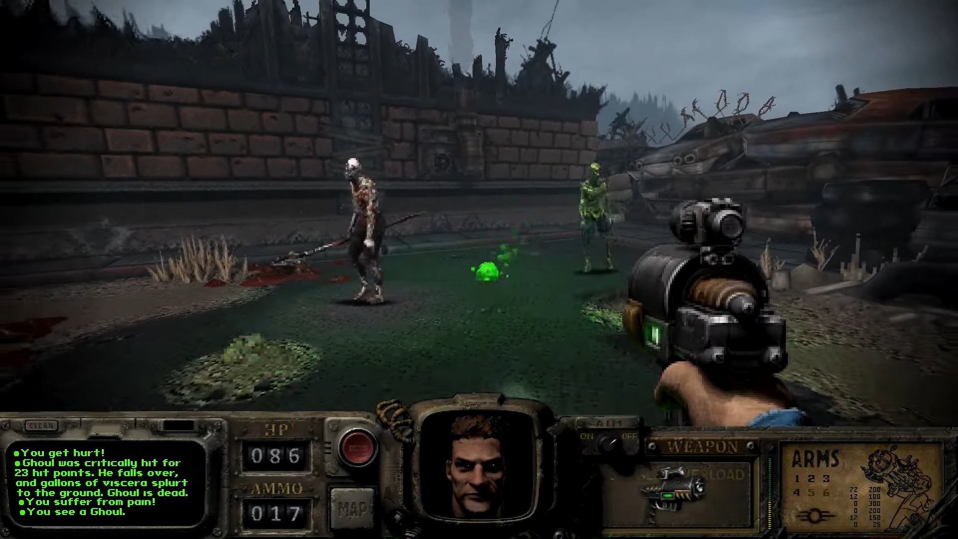 Launching plasma shot at ghouls in Fallout Bakersfield