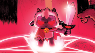 A satanic lamb standing on a glowing red pentagram, holding a sword