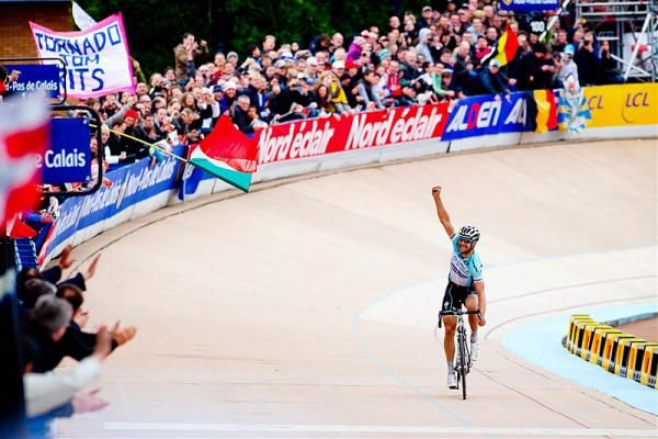 2012 Paris-Roubaix champion Tom Boonen soaks in the adulation at the Roubaix velodrome.