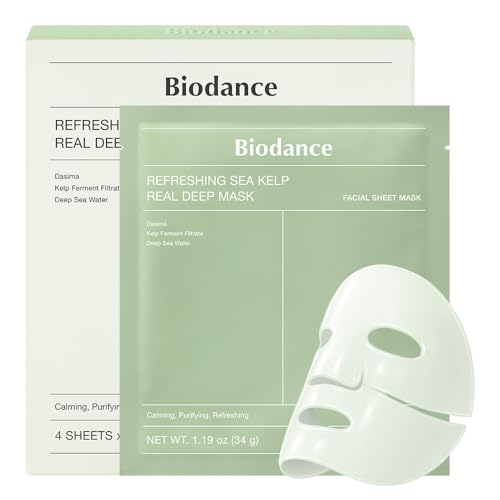 Biodance Refreshing Sea Kelp Real Deep Mask, Overnight Hydrogel Mask, Calming, Oil &amp;amp; Sebum Control, Blemish Care, Korean Skincare, Stocking Stuffers for Teen Girls | 1.19oz(34g) X 4ea
