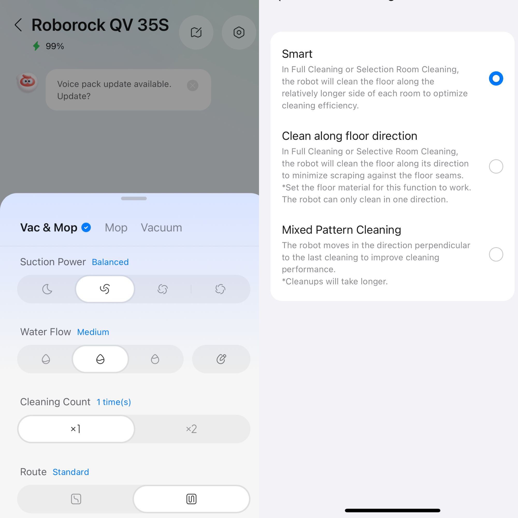 screenshots of the Roborock QV 35S Robot Vacuum With Mop app