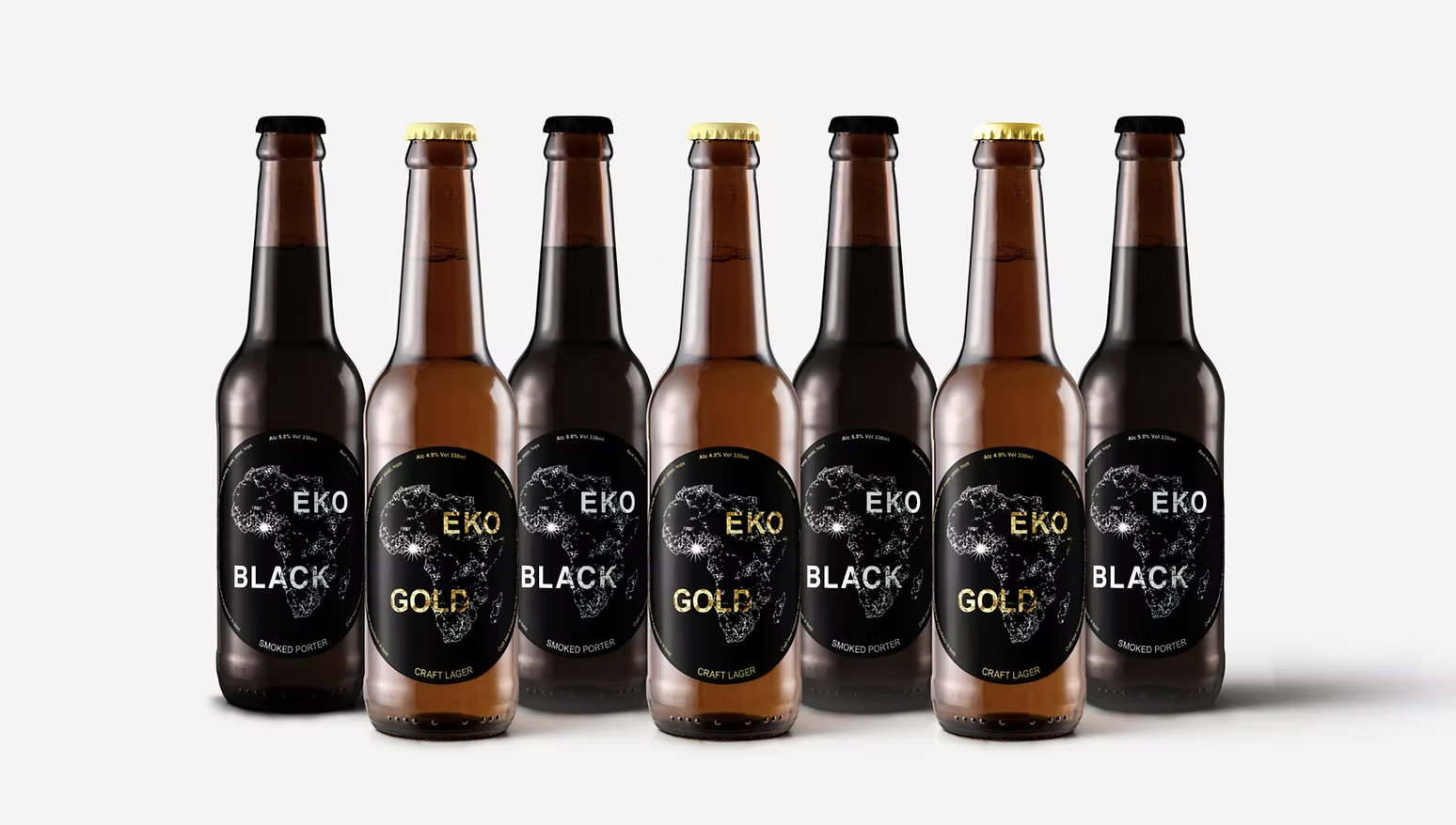 an image of seven beer bottles from Eko lined up