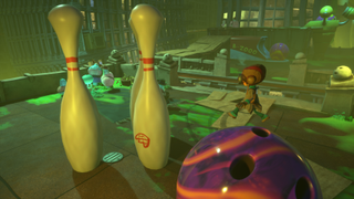 Raz exploring a giant bowling alley