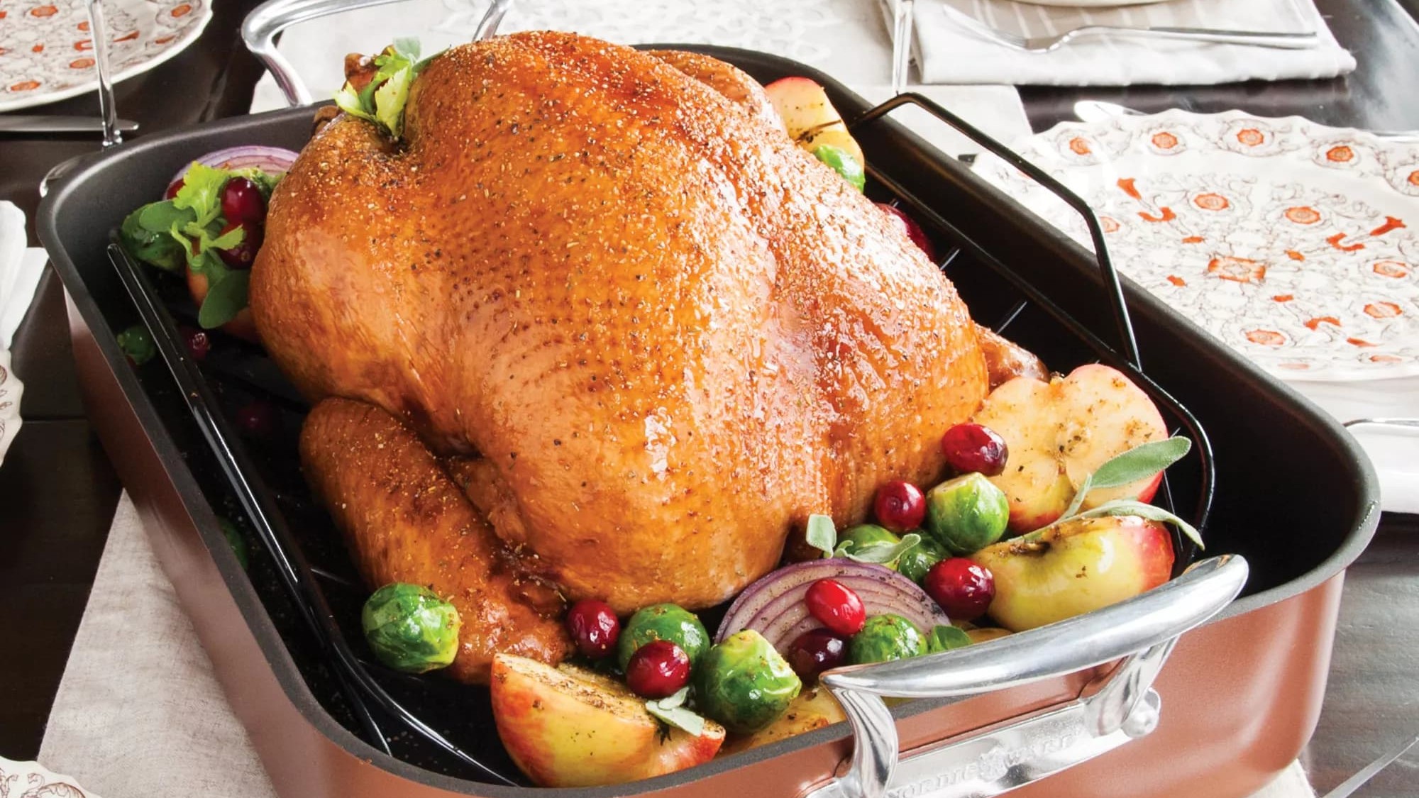 A holiday turkey in a baking dish.