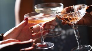 Women holding champagne glasses together and cheersing