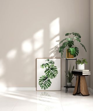 Empty room with light beige wall, monstera plant, poster frame and green tropical plant in sunlight from window on white floor -