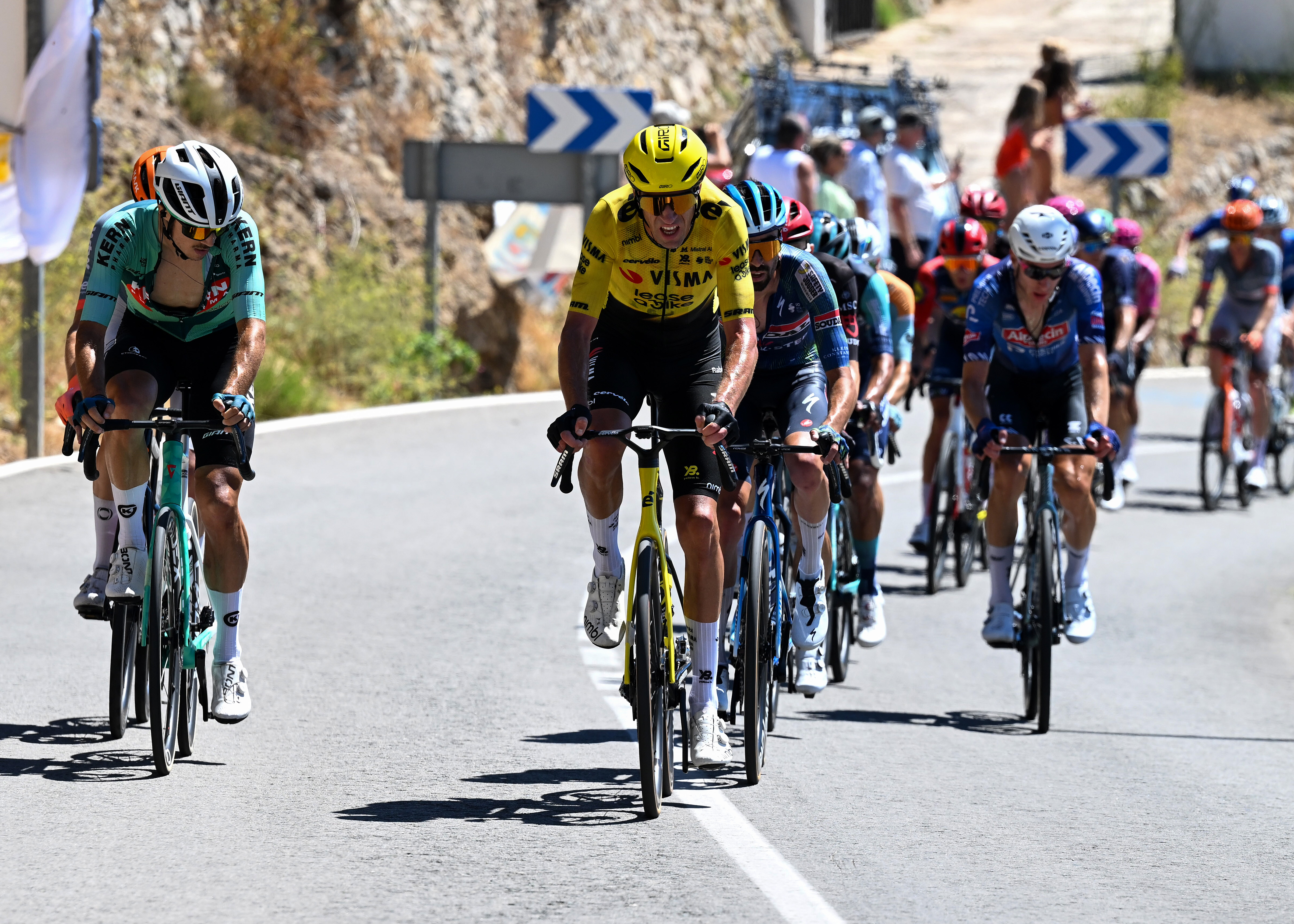 ALTO DE AITANA, SPAIN - AUGUST 30: (L-R) Urko Berrade of Spain and Team Equipo Kern Pharma and Bruno Armirail of France and Team Visma | Lease a Bike attack during the La Vuelta - 81st Tour of Spain 2026, Stage 9 a 187.4km stage from Villajoyosa to Alto de Aitana 1544m / #UCIWT / on August 30, 2026 in Alto de Aitana, Spain. (Photo by Tim de Waele/Getty Images)