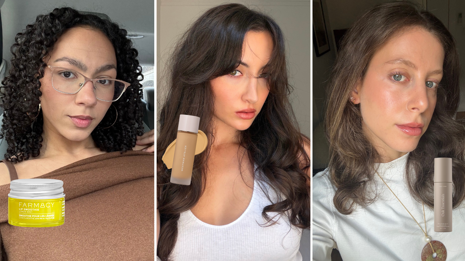 Photo collage of WWW beauty editors Sabrina Talbert, Alyssa Brascia, and Jamie Chevron with their favorite August beauty products