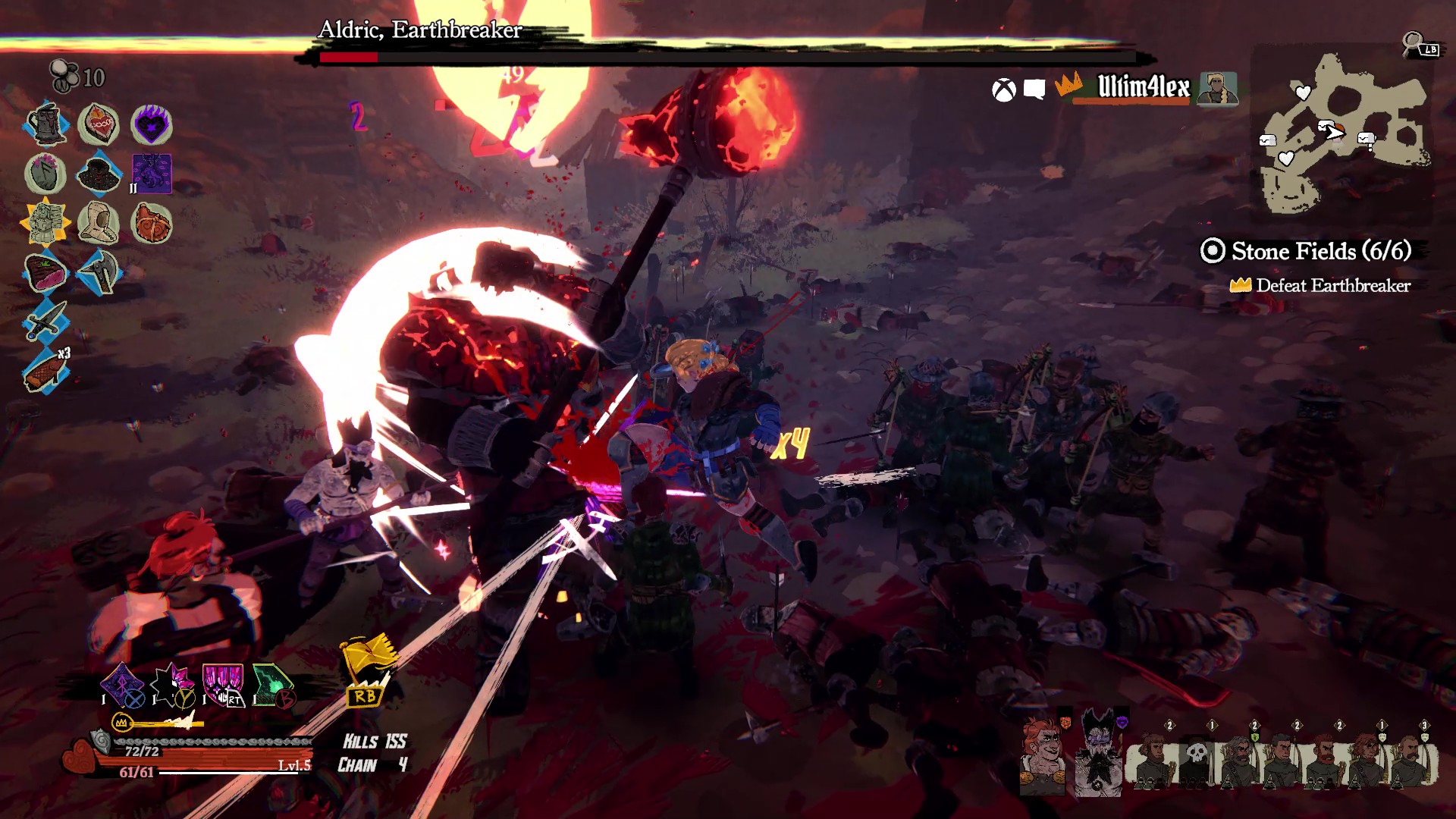 A video game battle scene shows a character fighting Aldric, Earthbreaker, a large boss wielding a glowing red hammer, amidst a chaotic battlefield.