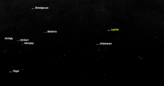 night sky graphic showing the view of the sky tonight with jupiter shining just above and to the right of Aldebaran.