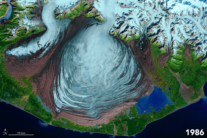 Animation showing the Malaspina Glacier retreating over the course of 30 years as observed by Landsat 5 and 7 satellites.