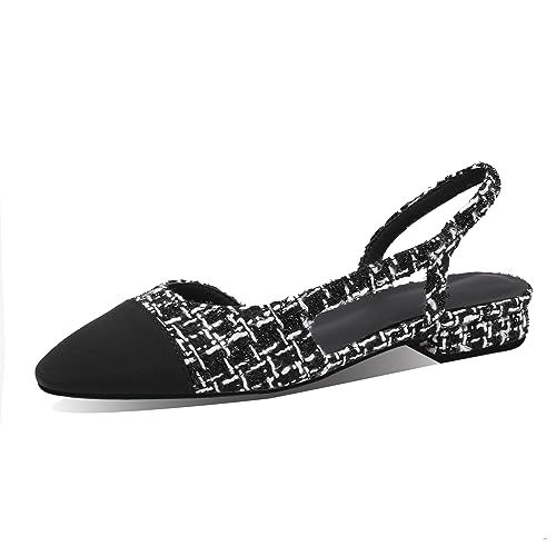 Miraazzurra Womens Slingback Flats Pumps Closed Round Toe Two Toned Casual Office Shoes Black Tweed Size Uk 8