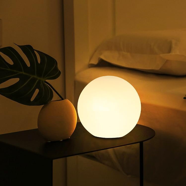 orb light styled next to palm plant in a dim bedroom