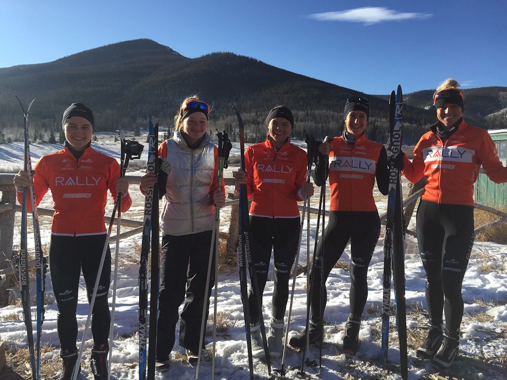Heidi Franz, Megan Heath, Summer Moak, Sara Bergen and Erica Allar get ready to ski