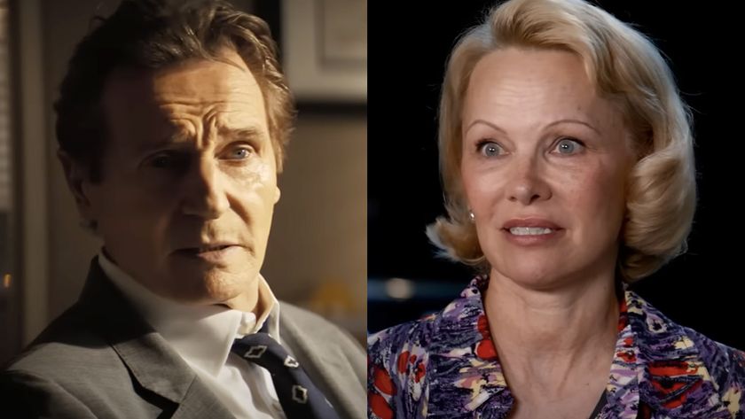 Liam Neeson starring in Naked Gun (2025), Pamela Anderson speaking in Naked Gun behind-the-scenes featurette. 