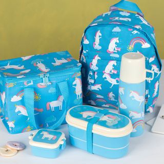 blue coloured lunch box with water bottle