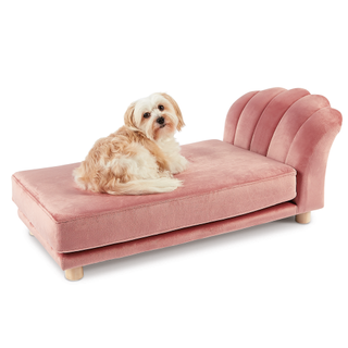 scalloped dog bed with pink color and dog