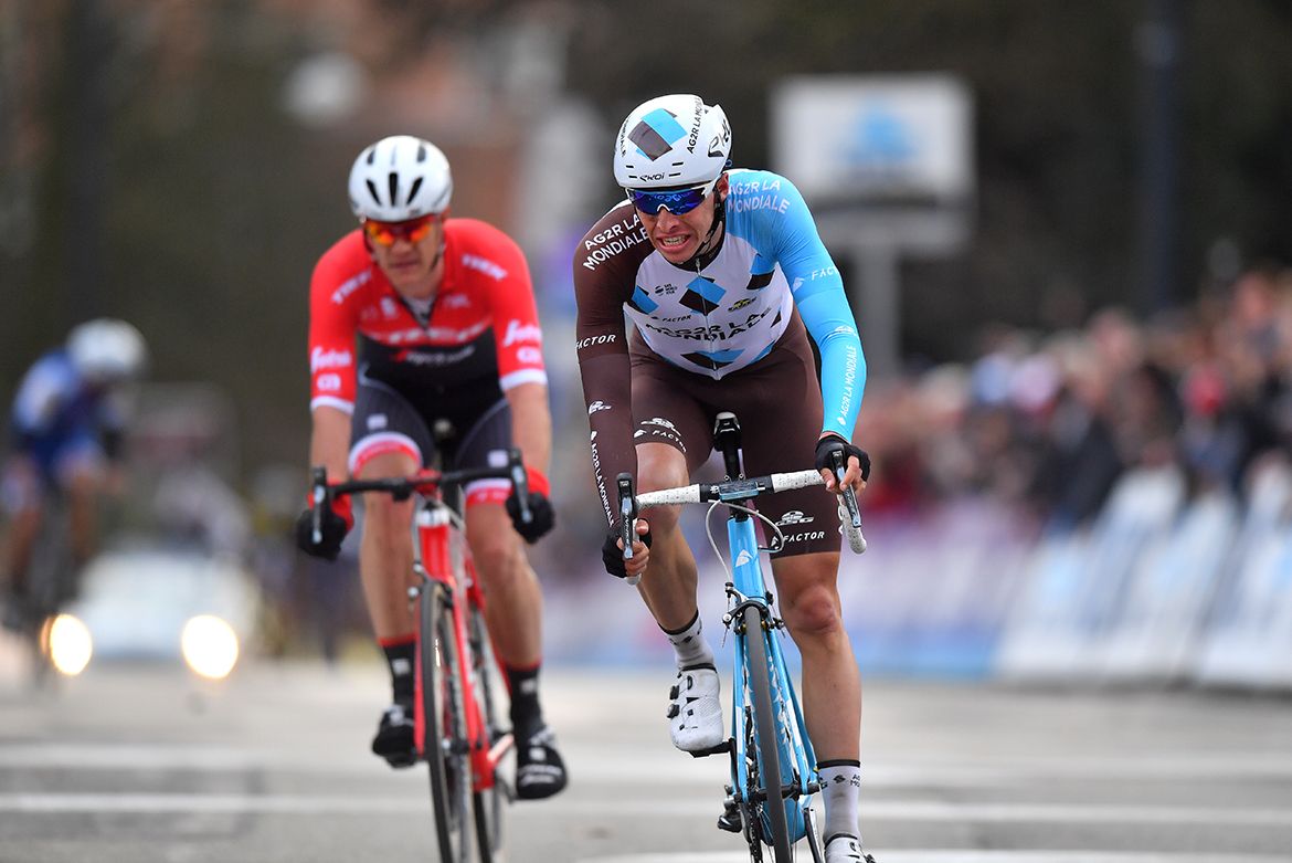 Oliver Naesen rolled across the Omloop Het Nieuwsblad finish line in seventh place.