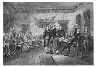 Old engraved illustration of The signing of the United States Declaration of Independence occurred primarily on August 2, 1776 at the Pennsylvania State House, Independence Hall in Philadelphia, Pennsylvania