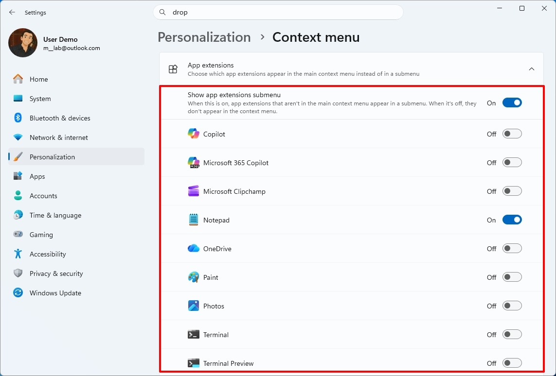 Windows 11 Settings Context menu app extensions.