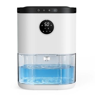 A white and black dehumidifier filled with water