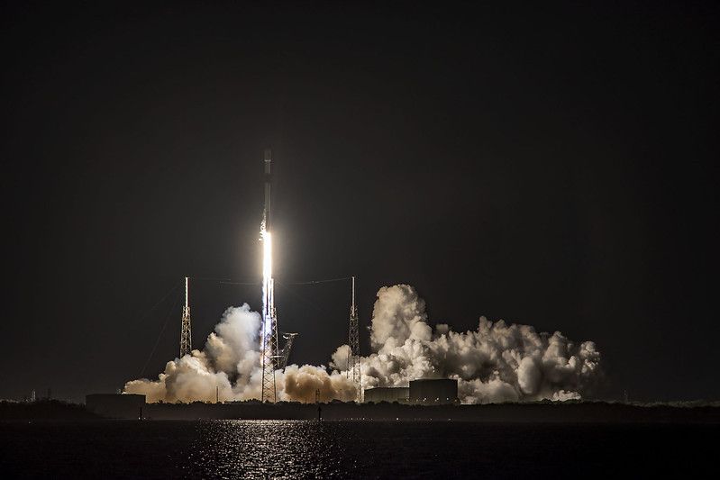 A SpaceX Falcon 9 rocket launches 60 Starlink satellites to orbit on May 9, 2021. It was the 10th flight for this Falcon 9's first stage.