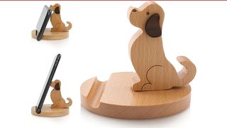 wooden dog phone stand