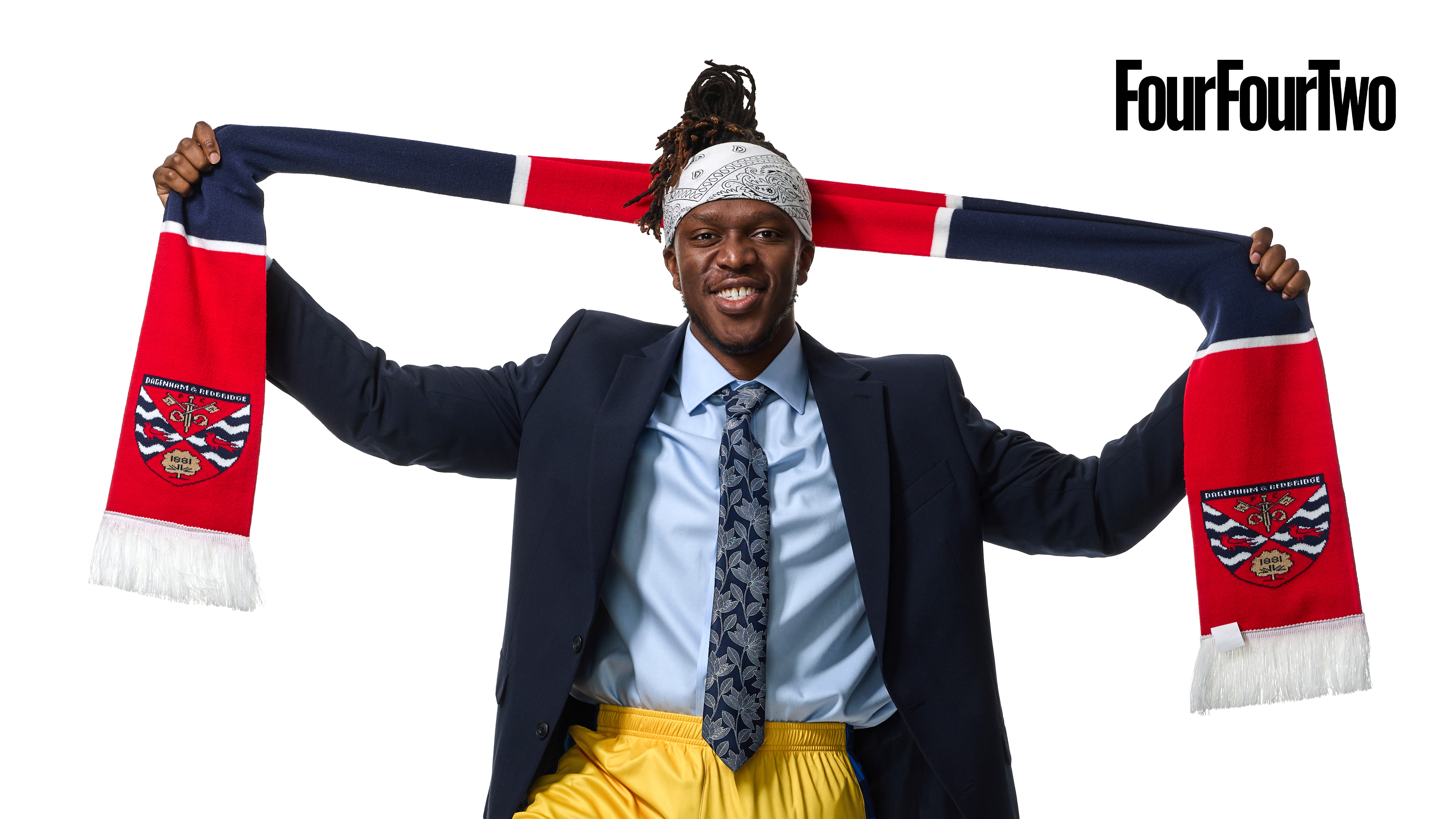 KSI takes part in a photoshoot at Dagenham &amp; Redbridge for the front cover of FourFourTwo magazine's July 2026 cover 393