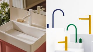 Compilation image showing bold bathroom tap designs in yellow, green, blue and white to support a bold bathroom trend in 2023
