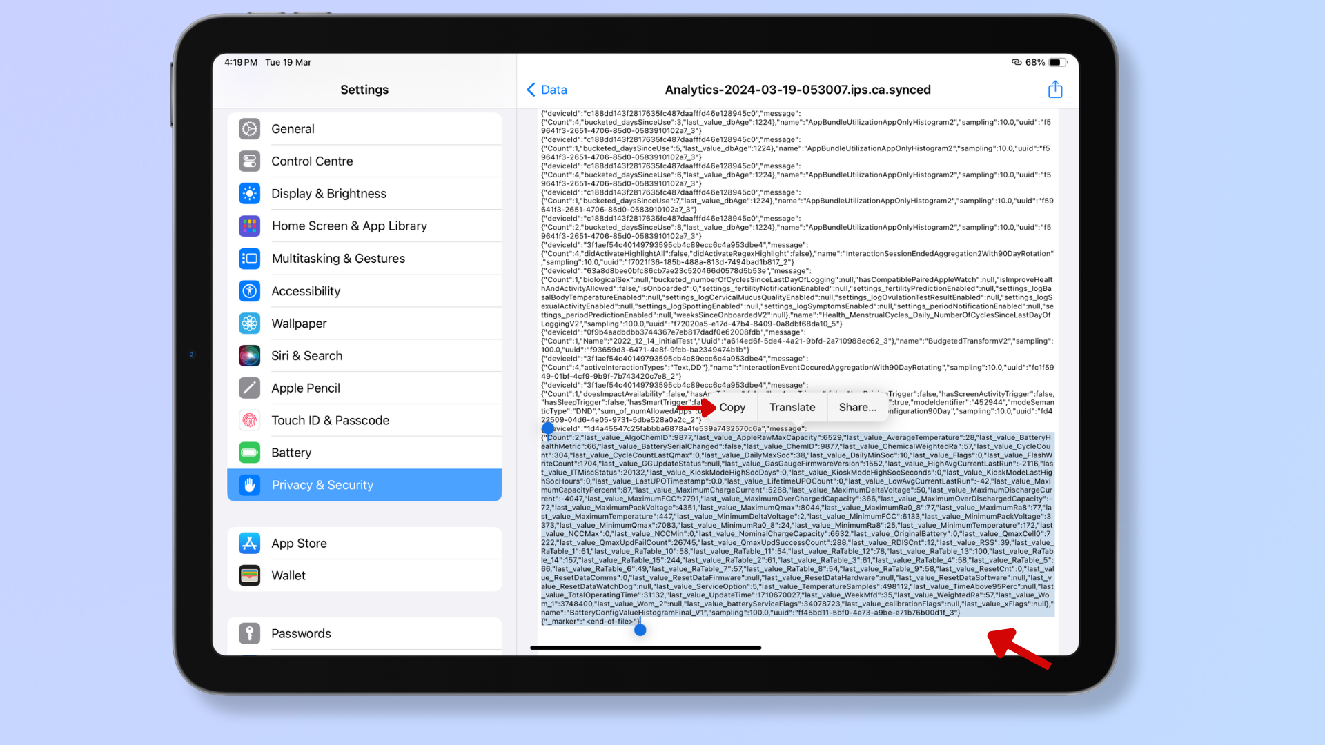 Screenshot of an iPad's Analytics Data settings, with red arrows pointing at a selected block of text and Copy. 