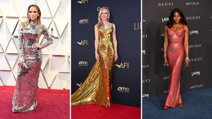 Celebs wearing some of the best metallic red carpet looks: L-R: Jennifer Lopez, Nicole Kidman, Naomi Campbell