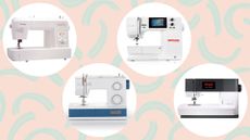 Four of the best sewing machines for quilting displayed on a pink background with blue paint strokes