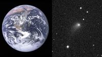 A two panel image showing a picture of the Earth from space on the left and the haxy light of a comet moving through a distant starfield on the right.
