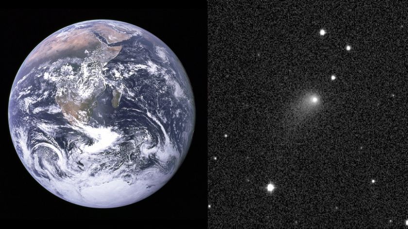 A two panel image showing a picture of the Earth from space on the left and the haxy light of a comet moving through a distant starfield on the right.