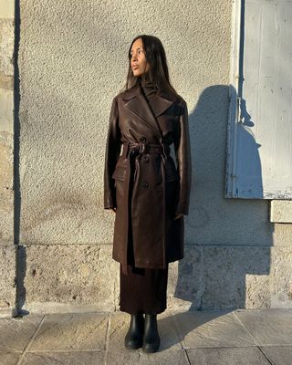 brown leather trench and maxi dress