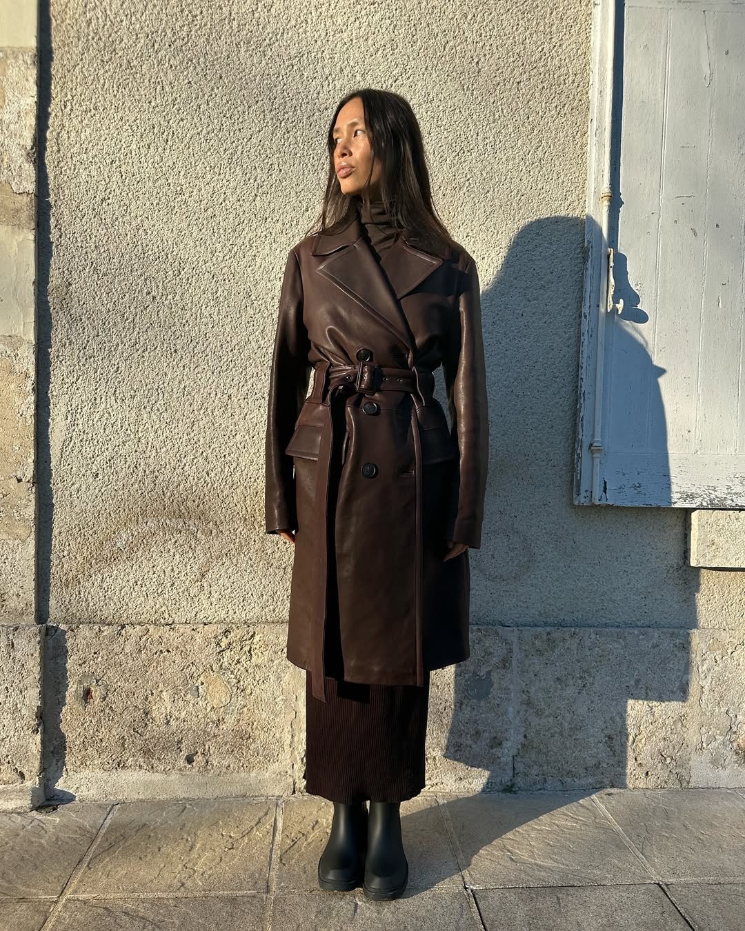 brown leather trench and maxi dress