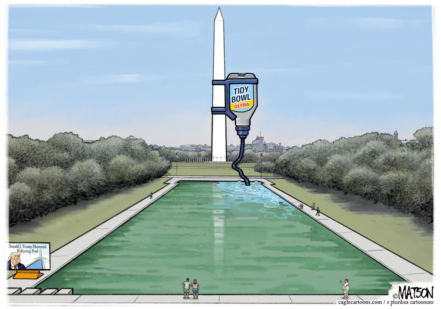 
                                This cartoon depicts the reflecting pool in Washington DC. A Tidy Bowl liquid toilet cleaner has been attached to the Washington Monument and drains into the pool.
                            
