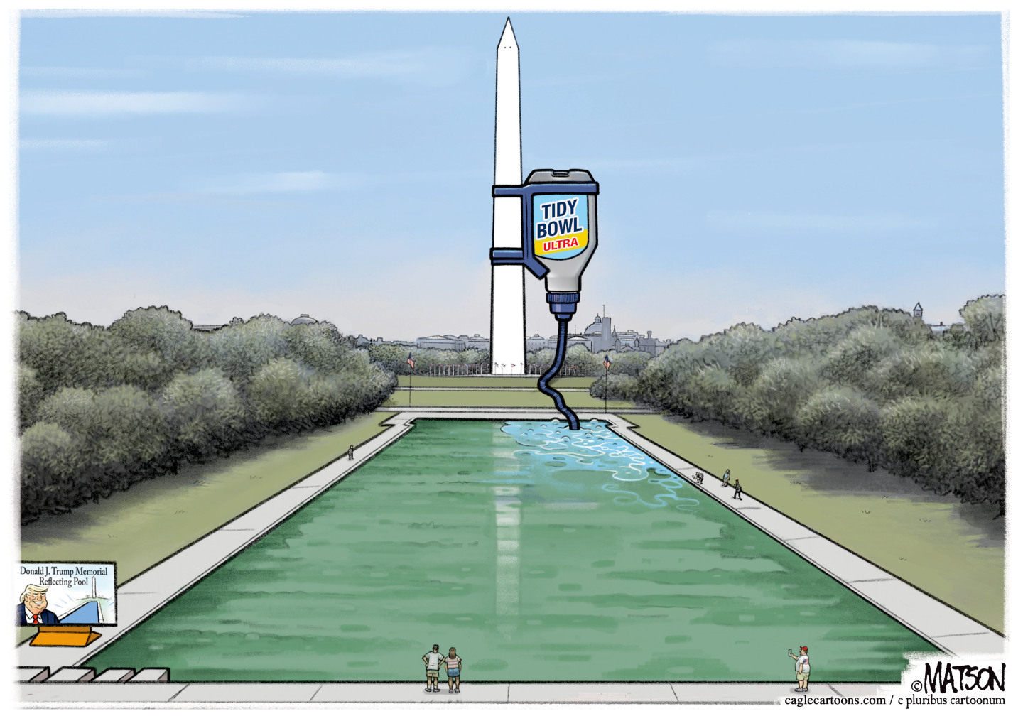 This cartoon depicts the reflecting pool in Washington DC. A Tidy Bowl liquid toilet cleaner has been attached to the Washington Monument and drains into the pool.