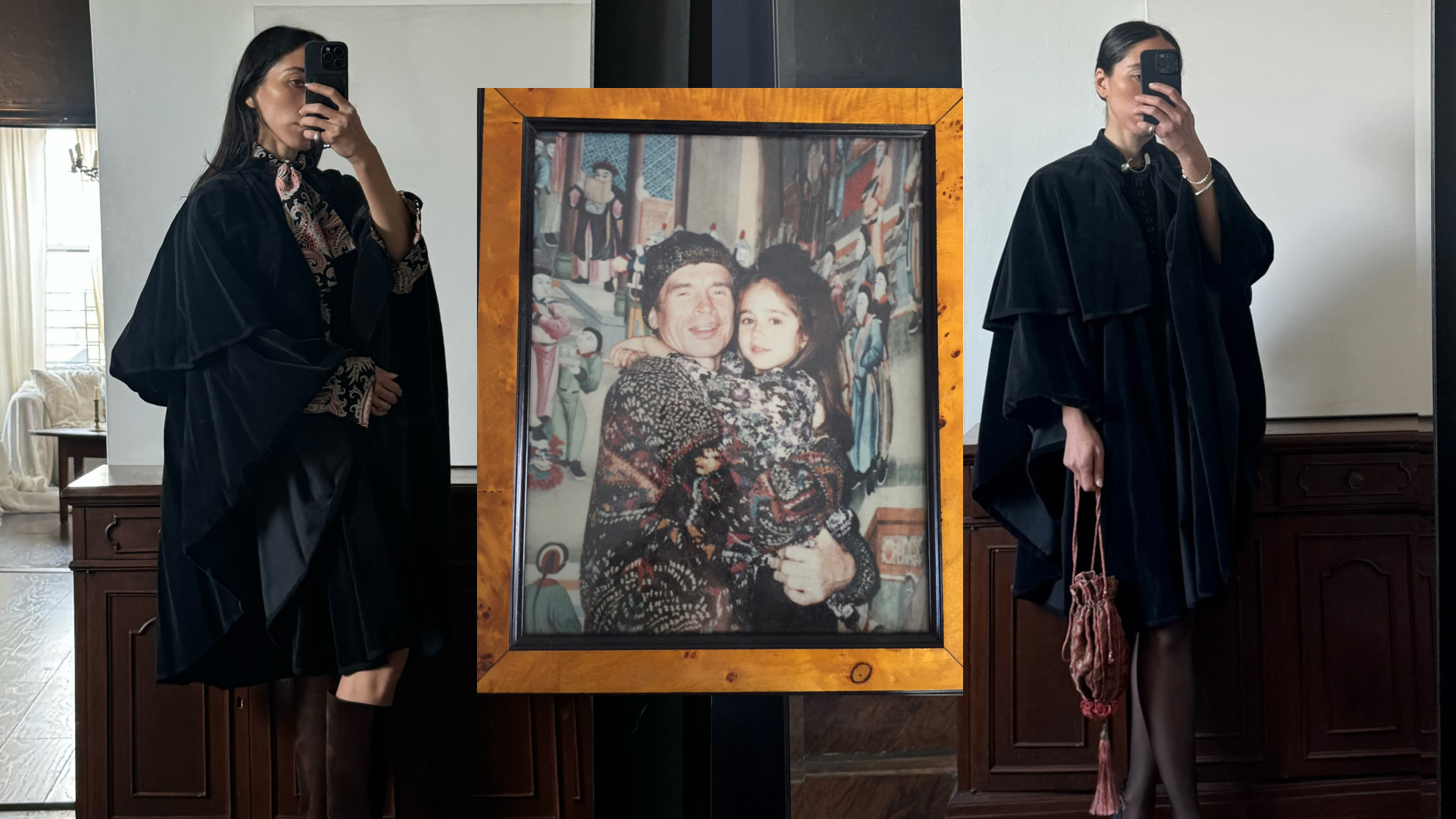 Alexis Badiyi wearing a wrap coat and black bags while in her apartment