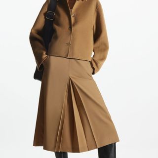 pleated tailored camel skirt