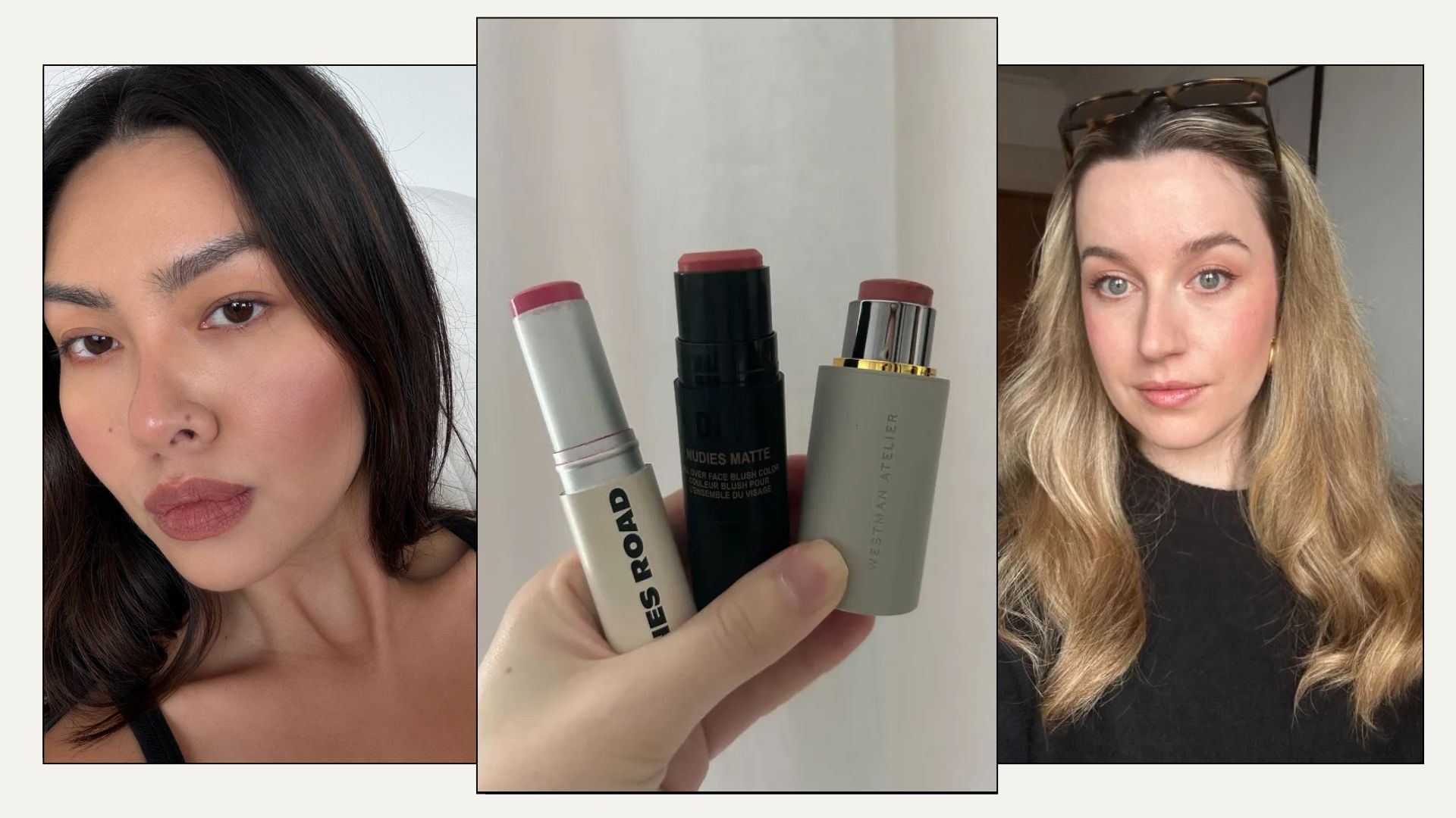 A collage of women wearing blusher and a picture of the best blusher sticks including Jones Road and Westman Atelier