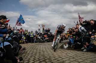 Mathieu van der Poel en route to victory in the 2025 edition of Paris-Roubaix