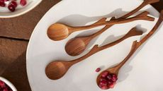 Wooden spoons with one of them holding pomegranate seeds on a white colored plate 