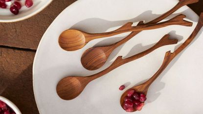 Wooden spoons with one of them holding pomegranate seeds on a white colored plate 